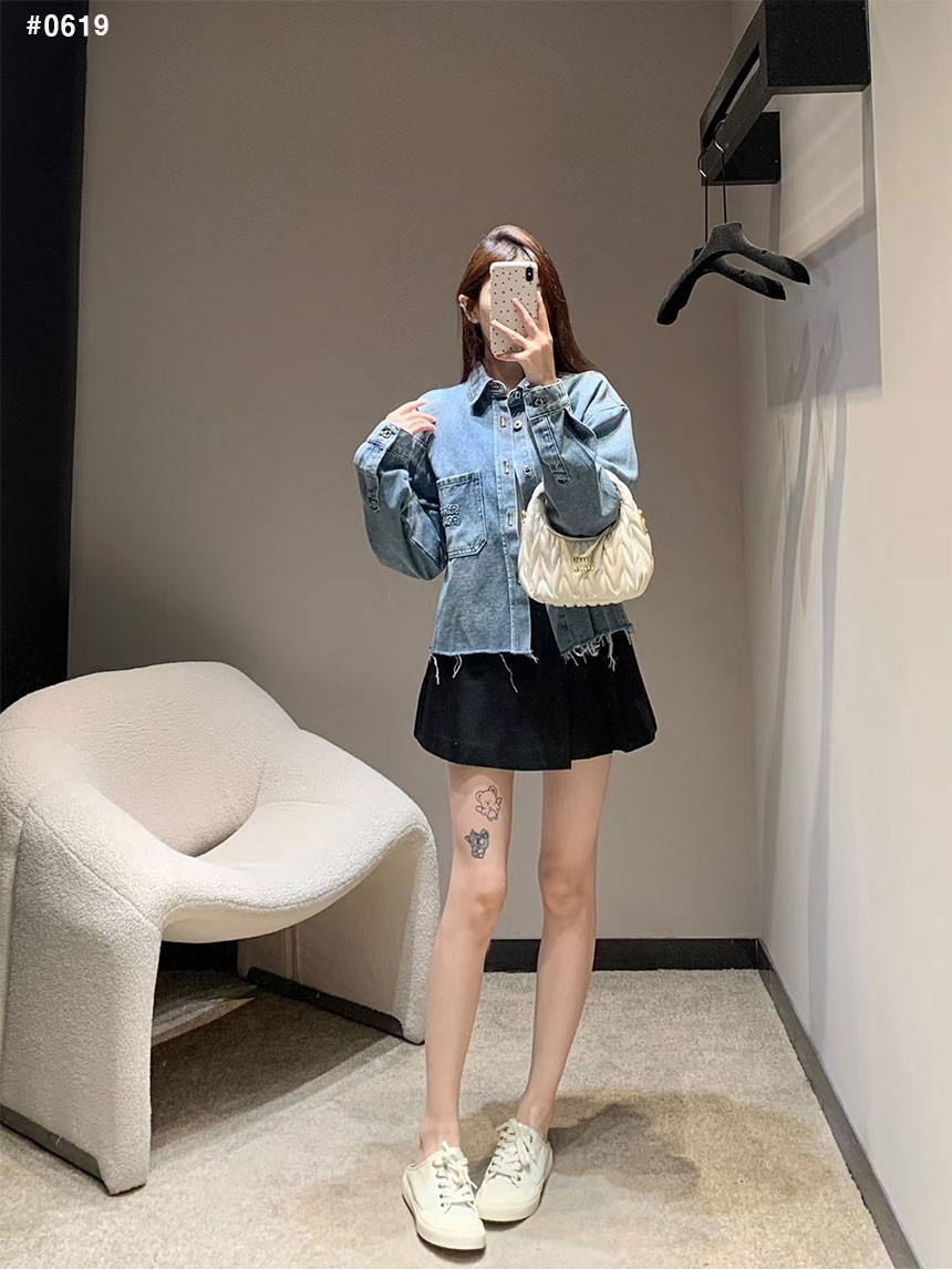 [MIUMIU] 미우미우 백 핑크로고 데님 자켓 청자켓